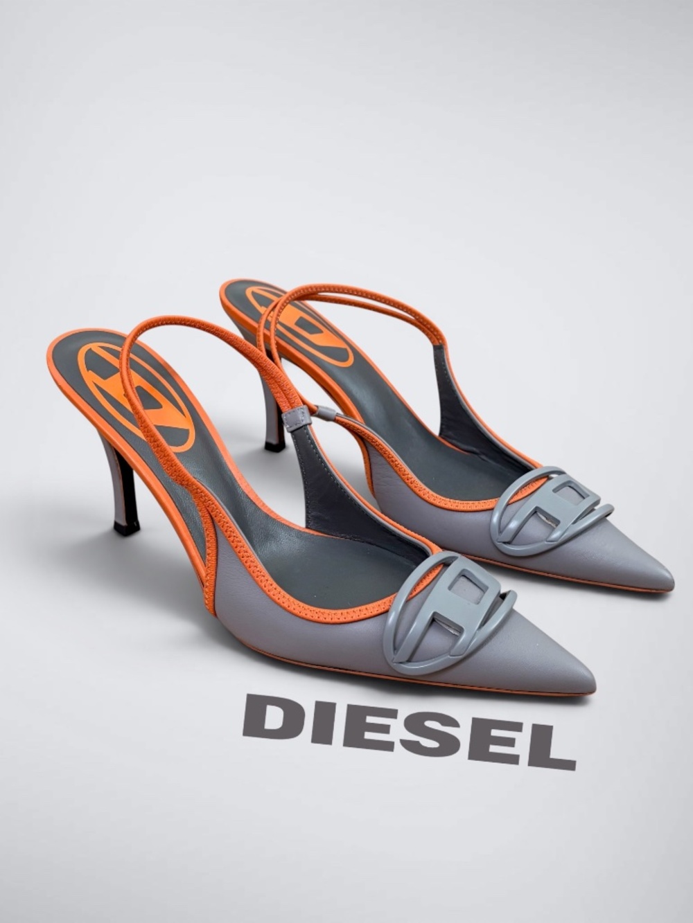 Diesel D-Venus Slingback Pumps | Grey / Orange Logo Stiletto Heels